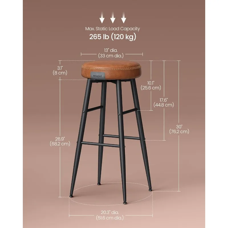 Bar Stools Set of 2, Bar Height Kitchen Counter Stools, Mid-Century Modern Backless Counter Stools, 30-Inch Tall