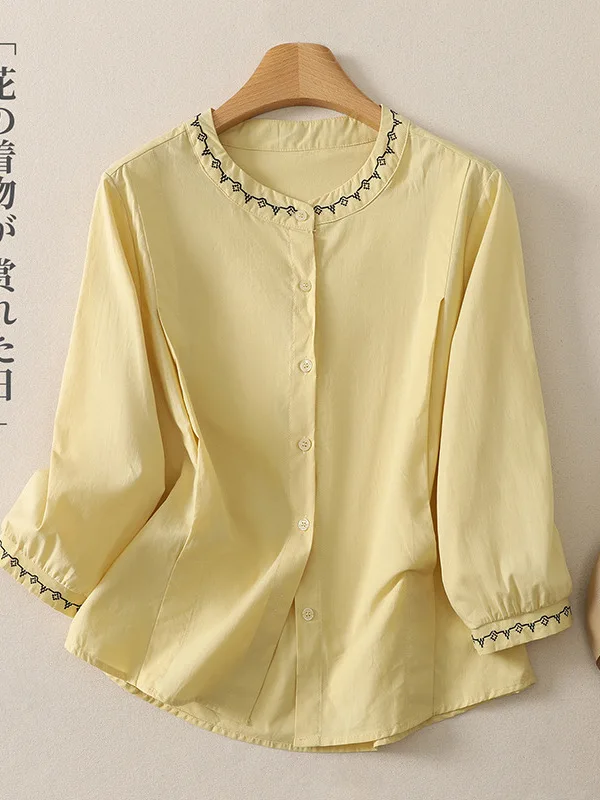 

Retro Cotton Linen Embroidered 7/8 Sleeve Loose Fit Shirt for plus Size Women Summer New Style Age Reduction Slimming Top