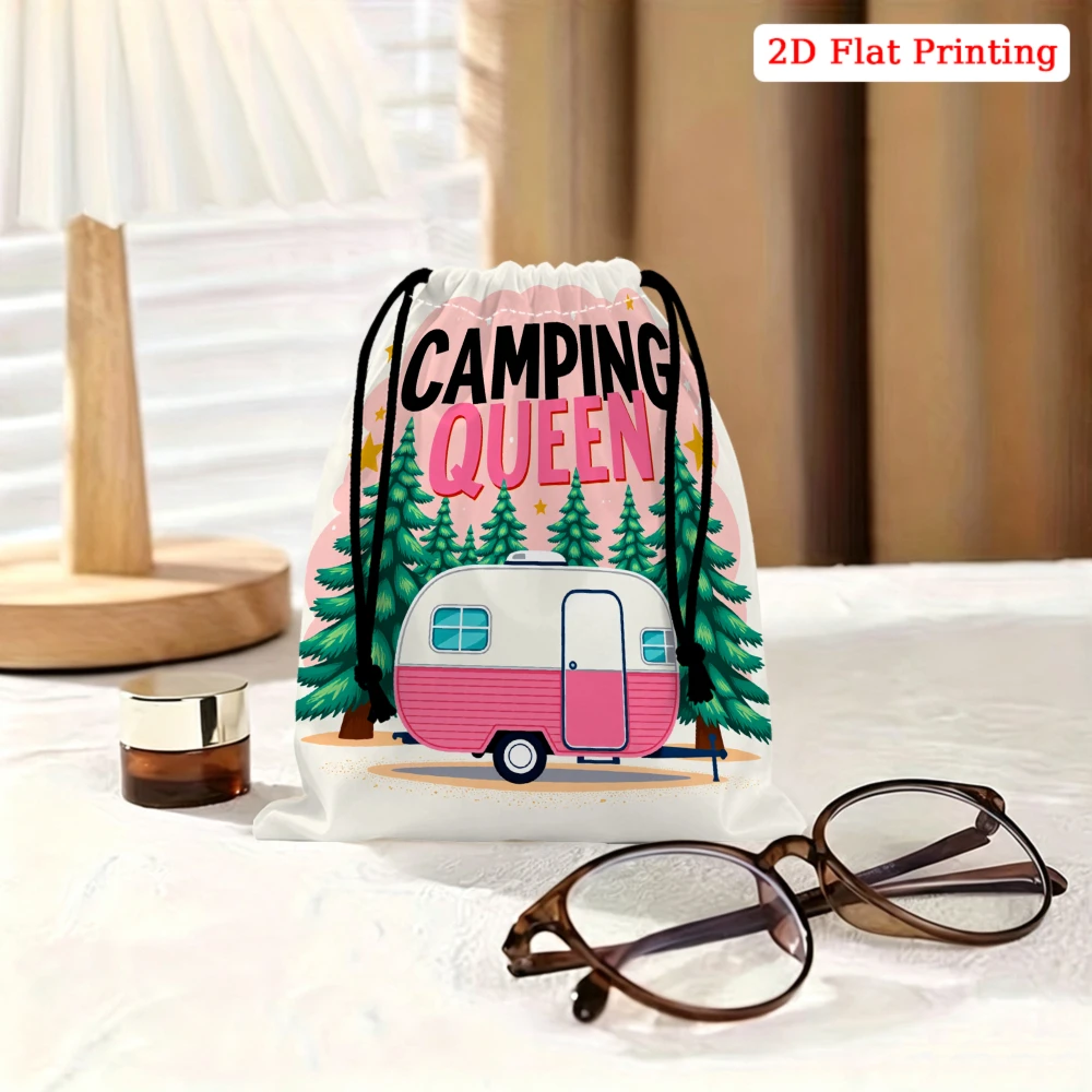1pc Cartoon Camper Van Drawstring Bag White Camping Queen Tree Print Storage Small pouch For Travel Outdoor Gear Organizer Porta