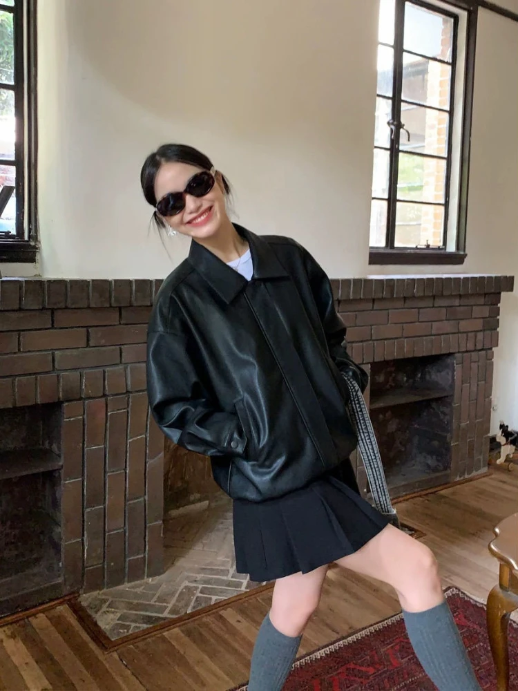 Czarna kurtka skórzana z zamkiem błyskawicznym ze skóry PU damska High Street koreański styl punkowy kurtka skórzana damska 2025 jesień moda casual płaszcz