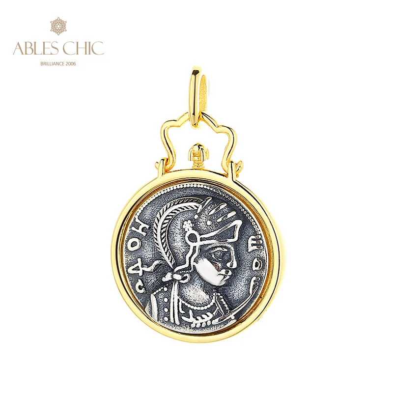 Ables Chic Greek Silver Coins Charm Crown 18K Gold Two Tone Solid 925 Silver Roman Coin Pendant Only N1016