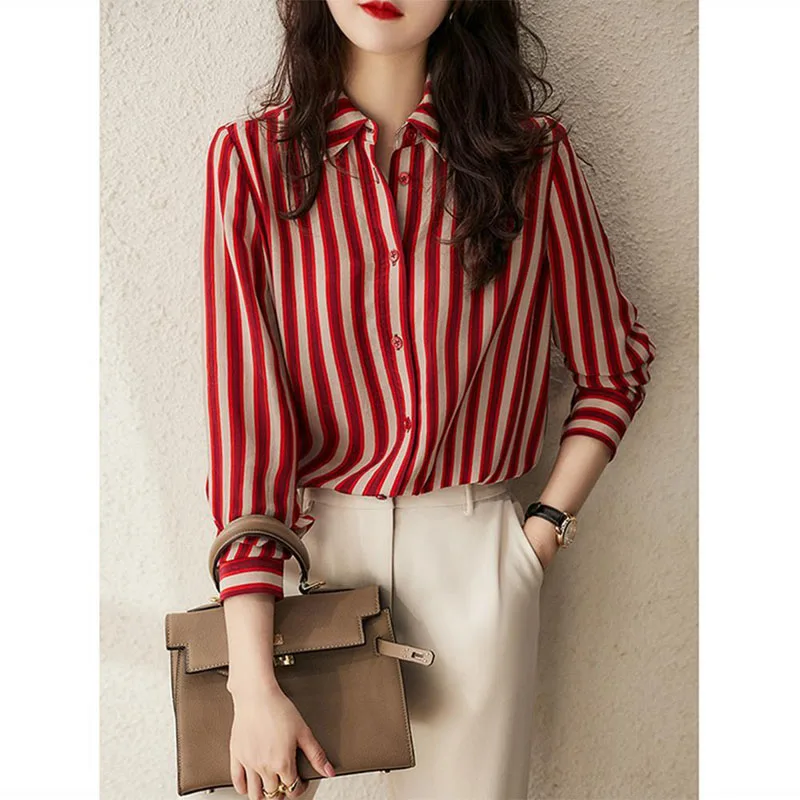 Fashion Lapel Button All-match Striped Shirt Women's Clothing 2022 Autumn New Long Sleeve Casual Tops Loose Office Lady Blouse