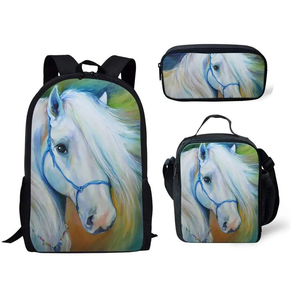 Mochila con estampado de caballos en 3D, bolsa de almuerzo, estuche de lápices, mochila de almacenamiento para Campus de estudiantes, suministros para adolescentes, niños y niñas, bolsa de libros, 3 piezas por juego