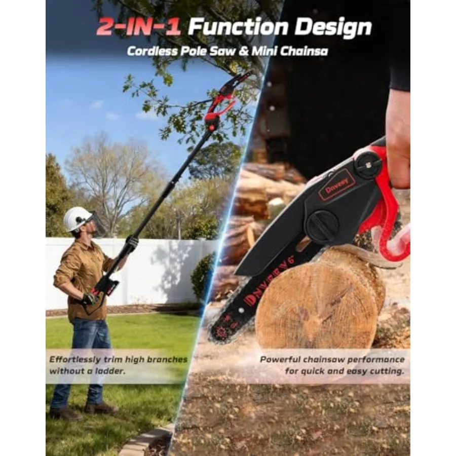 2-in-1 Cordl Pole Saw for Tree Trimming, 800W Brushl 6 Inch Mini Chainsaw, Lightweight Tree Trimmer with 2x 21V Batteries and E