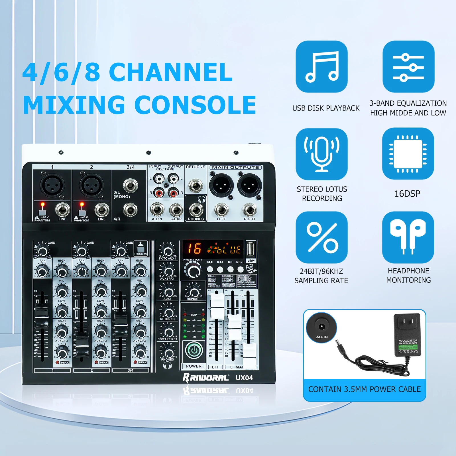 

Audio Mixer 4 Channel 99 DSP Effect Record PC 48V Phantom Power USB Sound Mixers Bluetooth DJ Console Mixing for Karaok