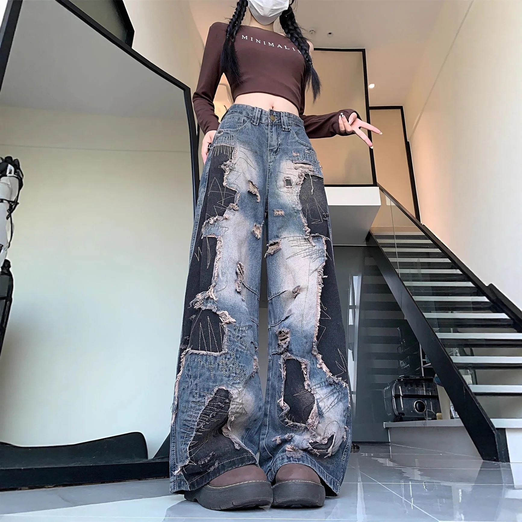 High Waist Jeans Women Patchwork Denim Pants Ripped Washed Wide Leg Streetwear Punk Hip Hop Style Trousers Ladies