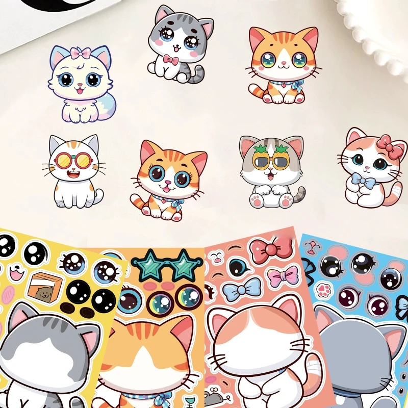 8-40 PCS Cat Face-Swap Stickers Kindergarten Early Learning Educational Toy Stickers DIY Children's Puzzle Stickers
