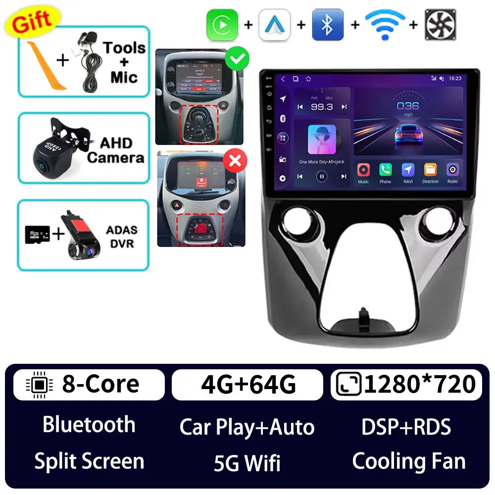 Android 15 Autoradio Voor Peugeot 108 Citroen C1 Toyota Aygo B40 2014 - 2021 Gps Multimedia Speler Navi Draadloze carplay Auto Dsp - afbeelding 1