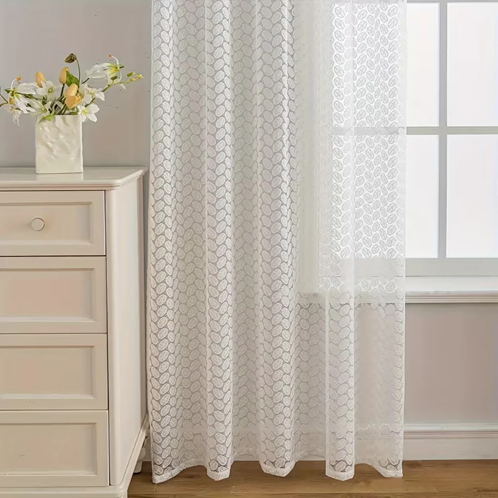 2PCS white leaf lace curtain, suitable for living room and bedroom, made of high-quality polyester fiber lace fabric, pole style - view 6
