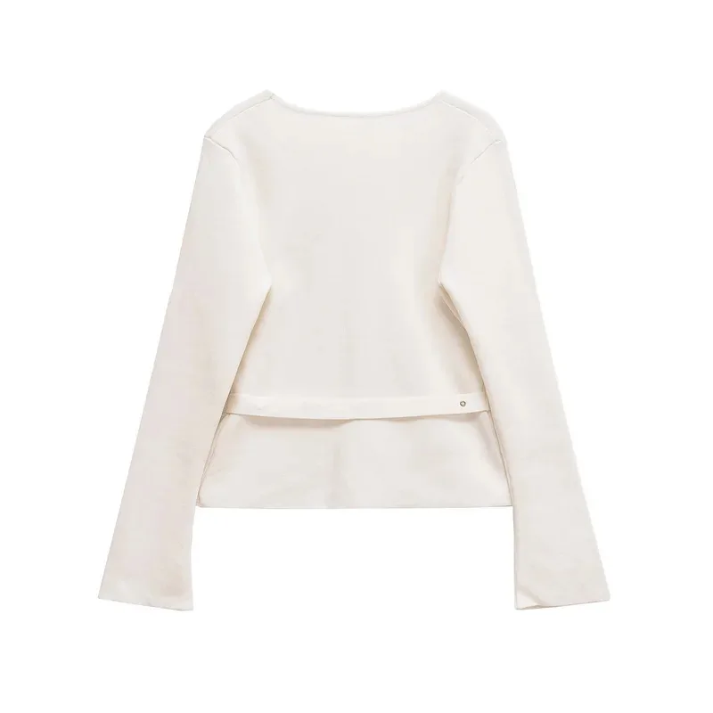 

Beige Elegant V-neck Knitted Sweater for Women Slim Fit Street Style Belted Fashion Tight Fit Knitted Coat for Ladies