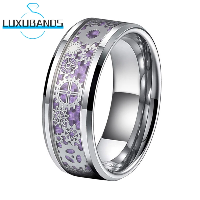 

Tungsten Carbide Men's Rings Beveled Edge 6mm 8mm Gear Purple Carbon-Fiber Inlay Polished Finish Accessories for Women Gifts