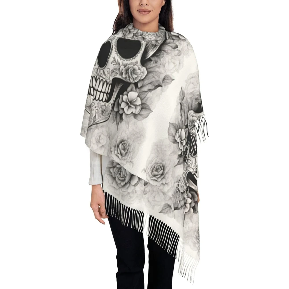 Mexican Skull Print Scarves For Women Winter Long Scarves For Women With Fringe Classic Tassel Scarf
