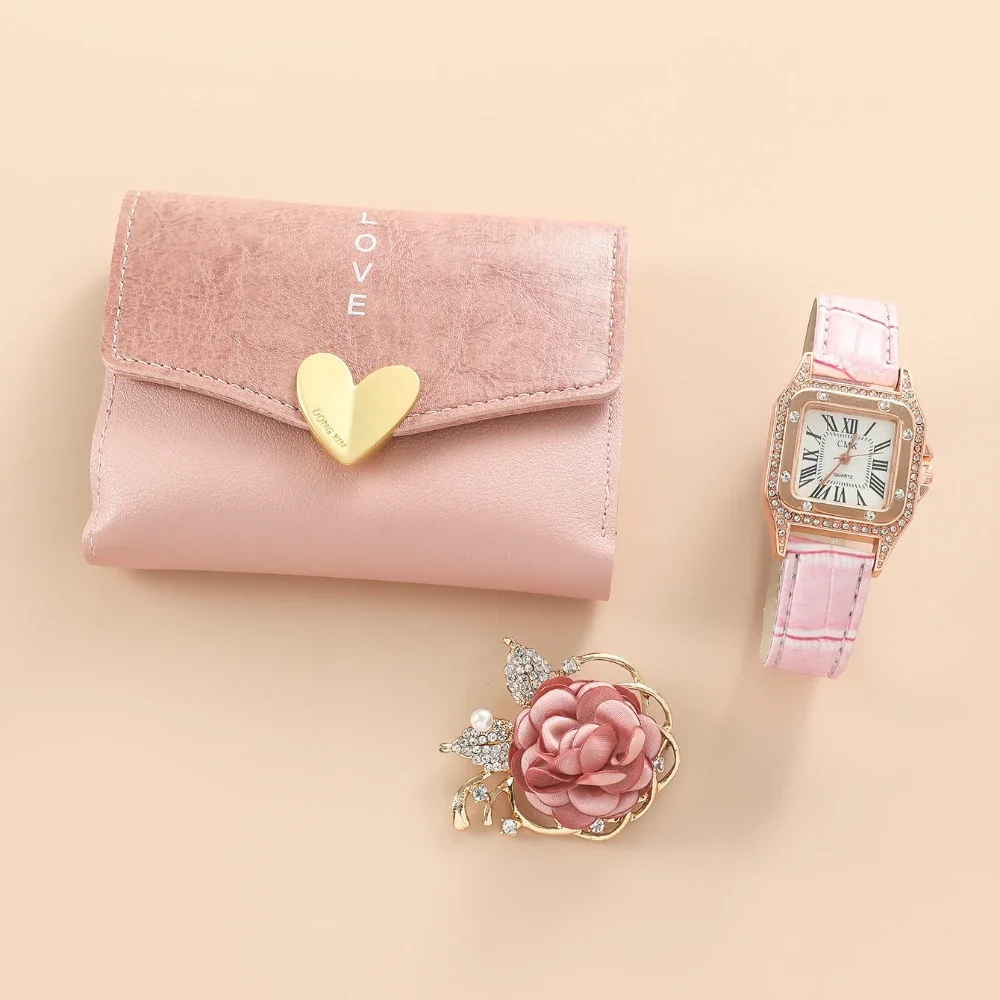 3Pcs Luxury Womens Watches Gift Set with Box Pink Brooch Wallet Watch for Women Girl Wife Daughter Mothers Day Christmas Gift