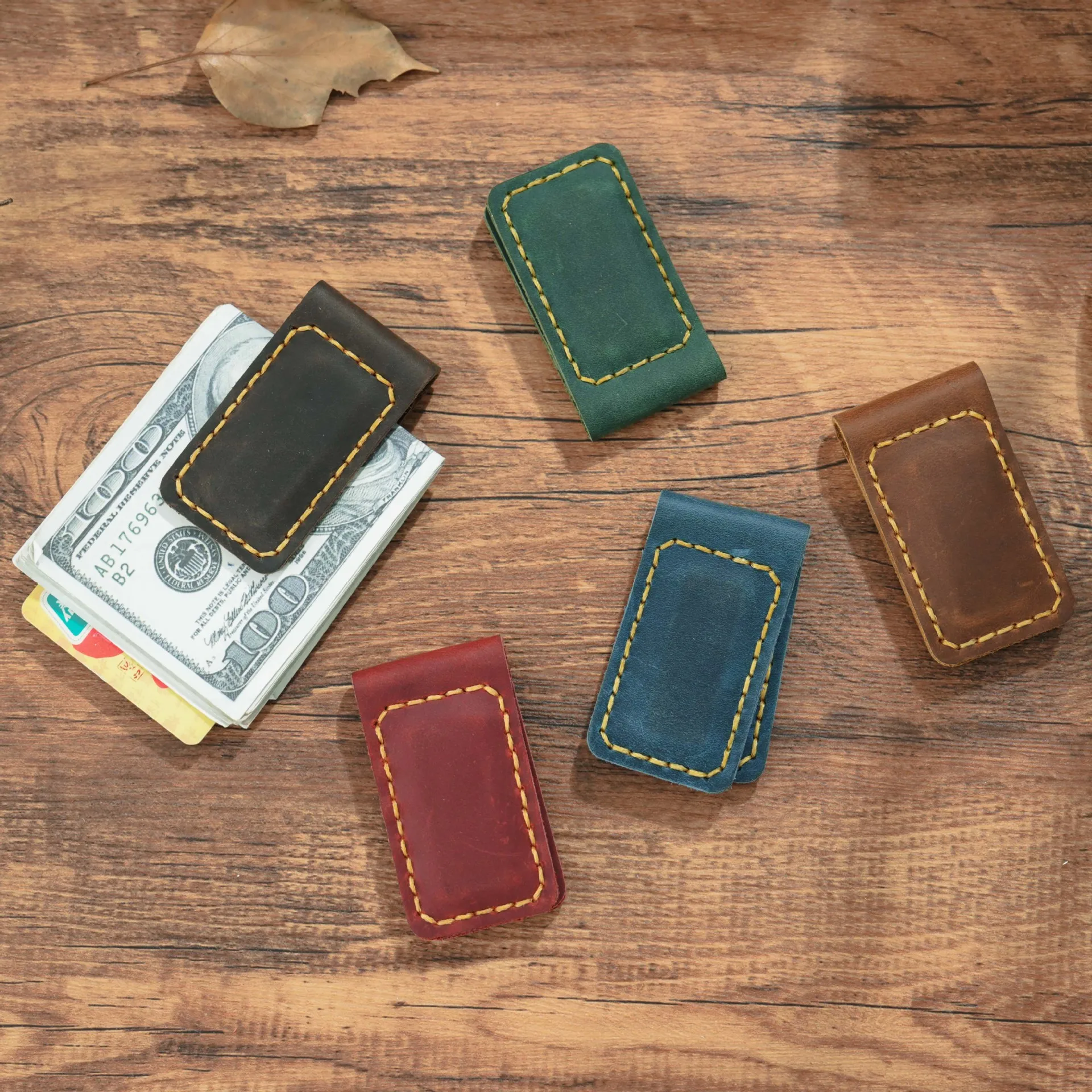 Genuine Leather Money Clips Mini Wallets for Men Slim Front Pocket Magnetic Banknote Clip Minimalist Retro Men's Small Purses