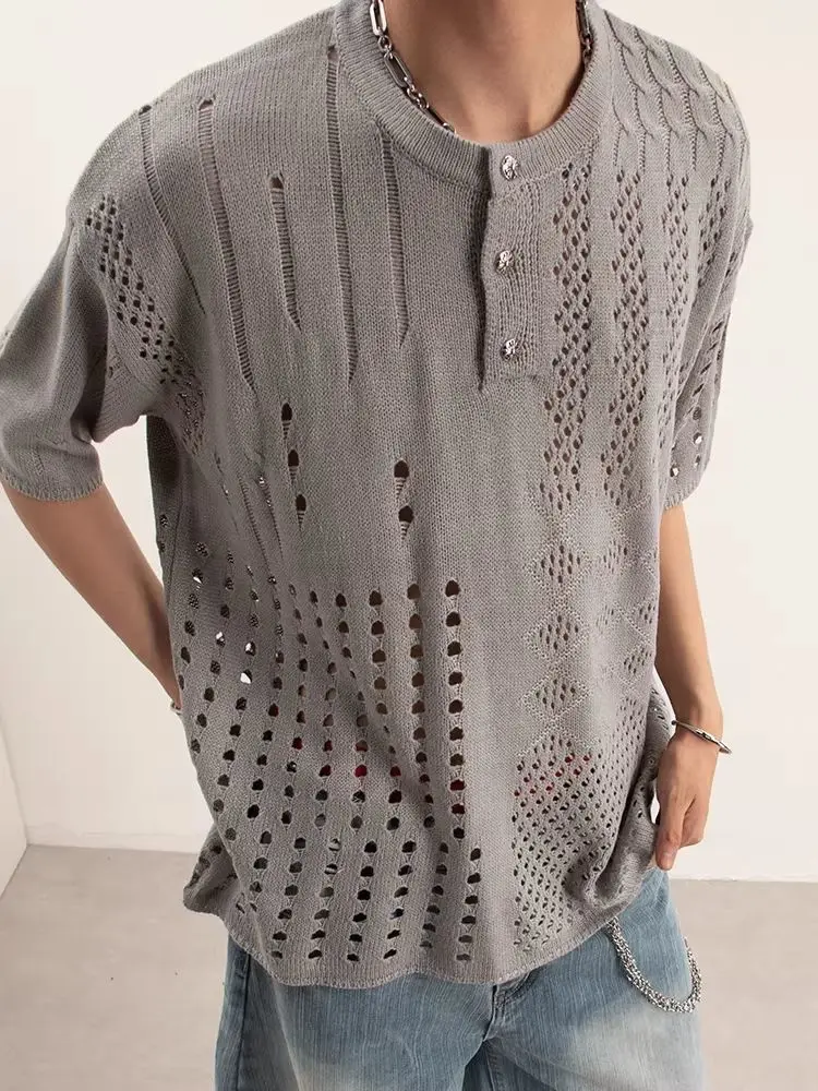 New Retro Hollow Knitted Short Sleeved Men's Summer Loose Casual Versatile Sweater