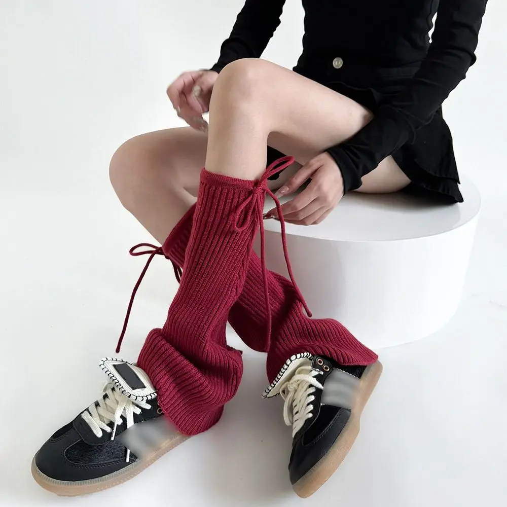 

Pile Pile Socks Lace Up Bowknot Leg Cover Y2K Elastic Knitted Foot Cover Warm Breathable Knee High Girls Socks Streetwear