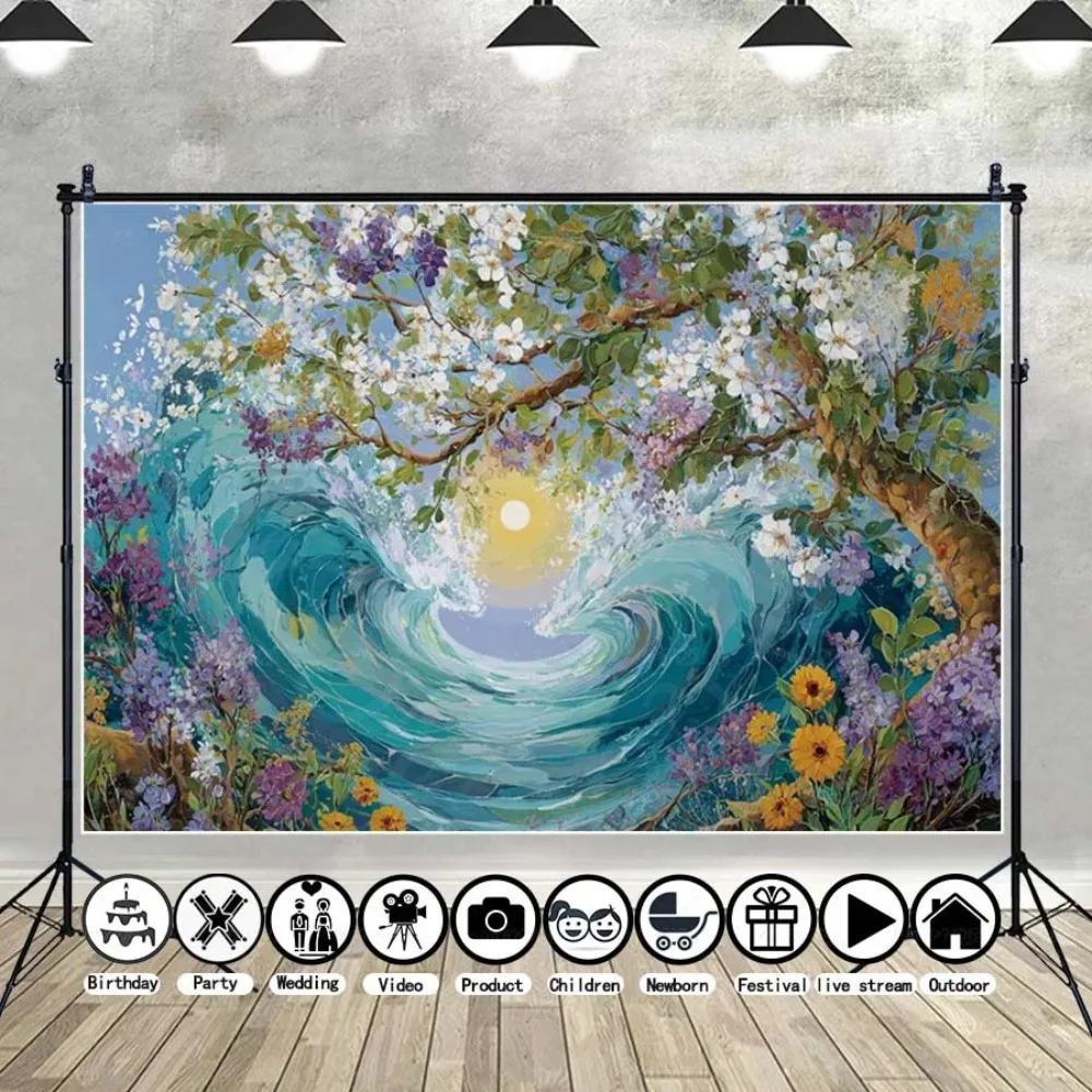 Wave Sun Mountain View Pink Flower Field Natural Scenery Background Cloth, Adult Birthday Party, Home Decoration Studio Backdrop