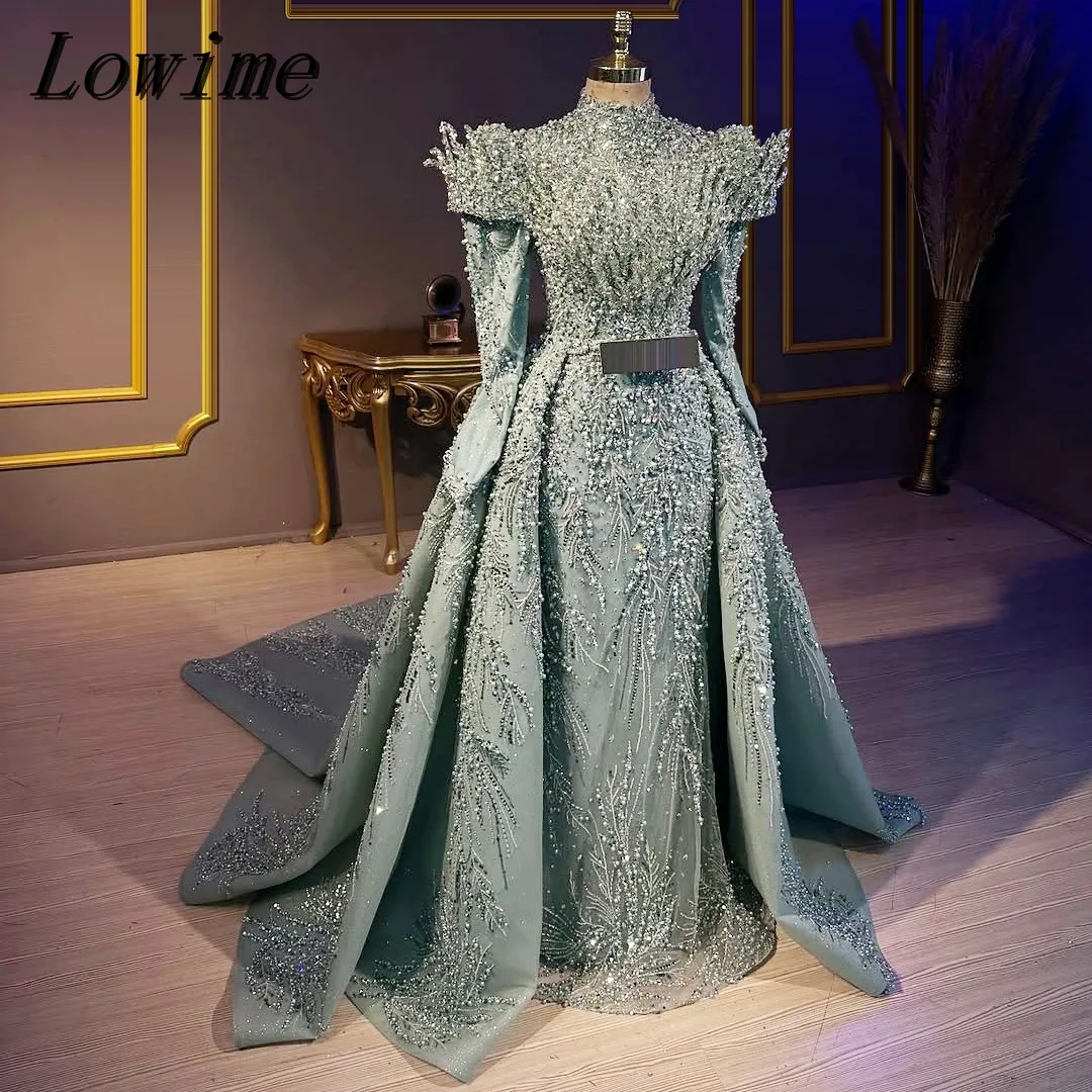 

Customized Long Sleeves Evening Gown for Women with Detachable Train Crystal Design Muslim Party Dress فساتين سهرة