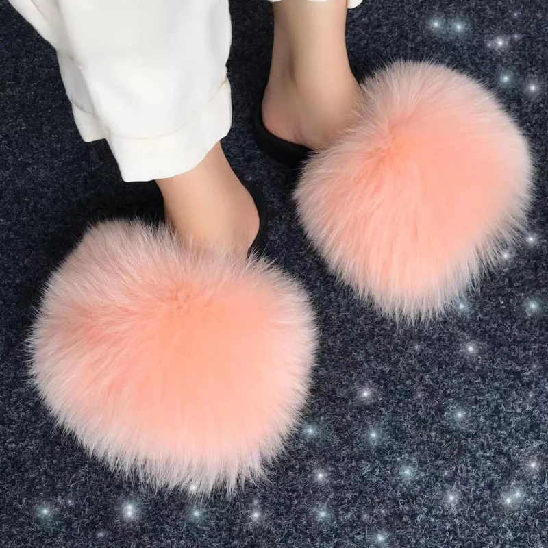 Real Fox Fur Slippers Women Fluffy Slippers With Fur Fashion Beach Shoes Plus Size Shoes Natural Fur Slippers Woman Home Slipper