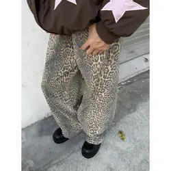 American retro jeans 2024 new camouflage leopard print jeans for men and women loose straight and versatile casual trousers