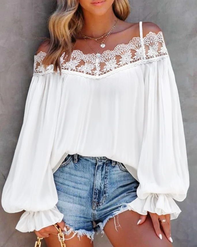 Sexy Elegant Cold Shoulder Contrast Lace Lantern Sleeve Top New Fashion 2024 Summer Autumn Spring Casual T-Shirt Pullover Tops