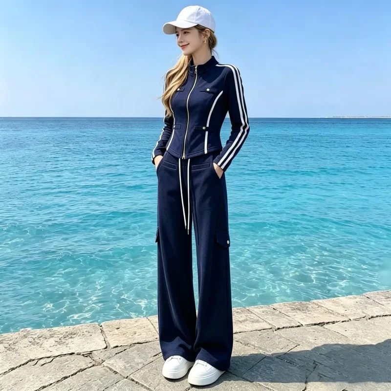 Women's Sportswear Set Long Sleeve Wide Leg Pants Cotton Simulation Spring Autumn Leisure Outerwear Three-piece Suit