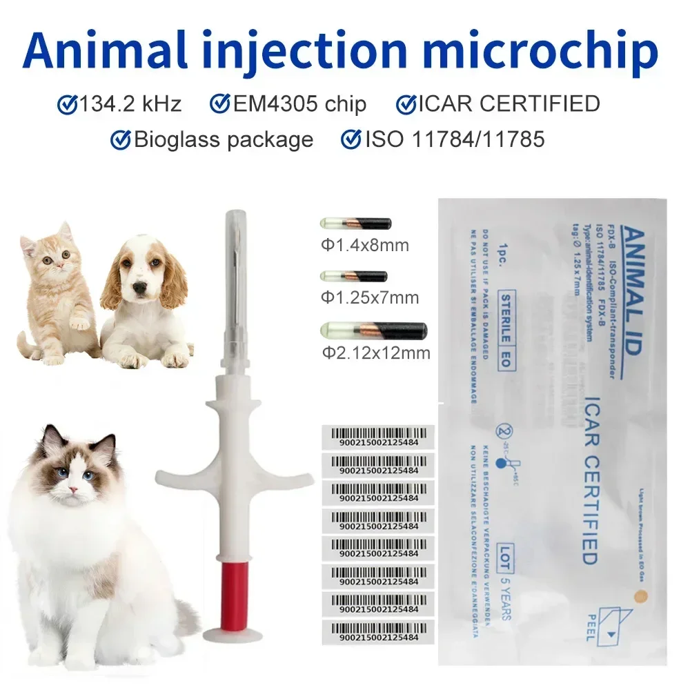 100pcs Pet Microchip 134.2KHz Animal Syringe EM4305 ID Chip ISO11784/11785 FDX-B Animal Injection Microchip For Dog Cat