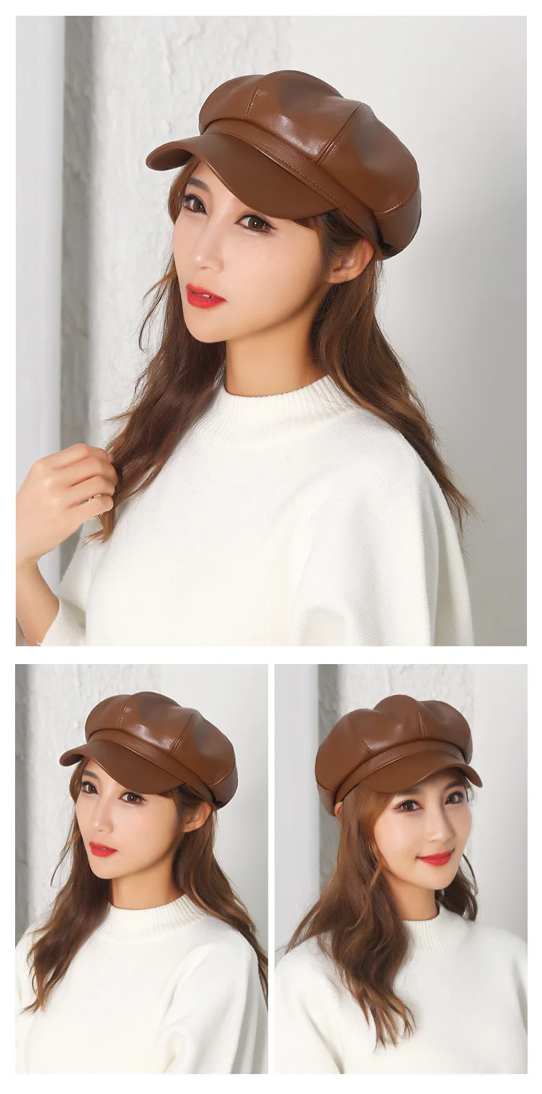 Neue Frauen PU Leder Berets Kappe Hut Schwarz Rot Außen Einstellbar Weibliche Herbst Winter Casual Dame Kappe Hut Für Frauen – Detail 8