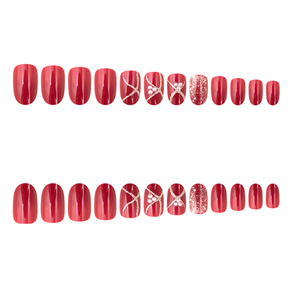 

24 шт. Премиальные накладные ногти красного цвета для Рождества, с блестками, полное покрытие, легко наносятся, для домашнего маникюра