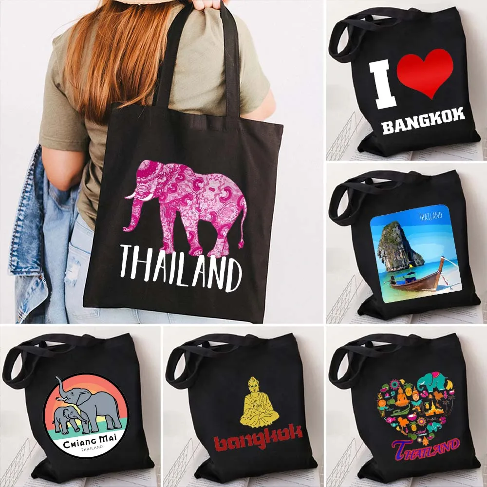 Retro Phuket Bangkok Thailand Flag Map Shoulder Canvas Tote Bag Tropics Elephant Koh Samui Beach Sunset Shopping Shopper Handbag