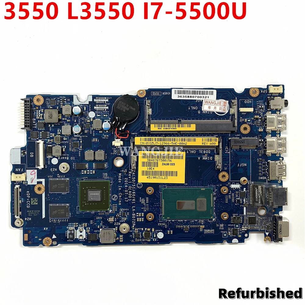 Laptop Motherboard For DELL Latitude 3550 L3550 SR23W I7-5500U Refurbished Mainboard CN-0YG5J7 0YG5J7 LA-B072P N15S-GM-S-A2 DDR3