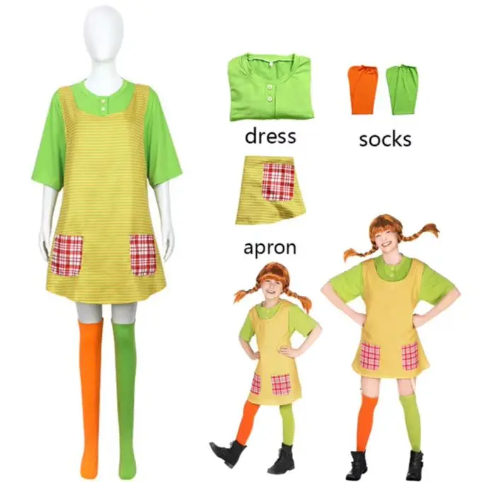 Disfraz de Pippi, estilo cosplay: blusa verde, vestido con tirantes a rayas, calcetines de dos colores, atuendo elegante para Halloween o carnaval.