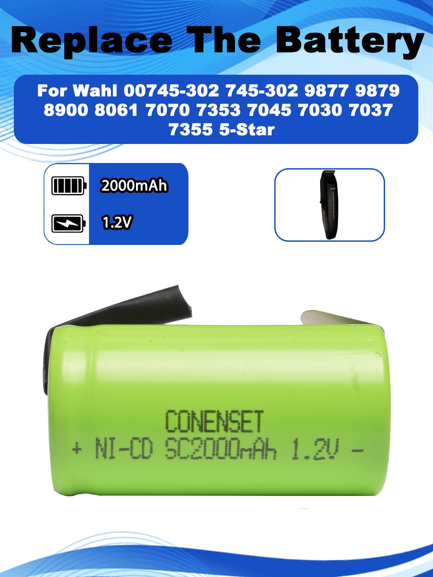 

1,2 В NI-CD SC2000 мАч аккумулятор для Wahl 00745-302 745-302 9877 9879 8900 8061 7070 7353 7045 7030 7037 7355 5-звездочный триммер для бритвы