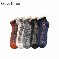 Summer Spring Ethnic Style Rose Curly Lace Cotton Short Twist Pattern Cute Fresh Japanese Retro Floral Ankle Socks Lolita Palace