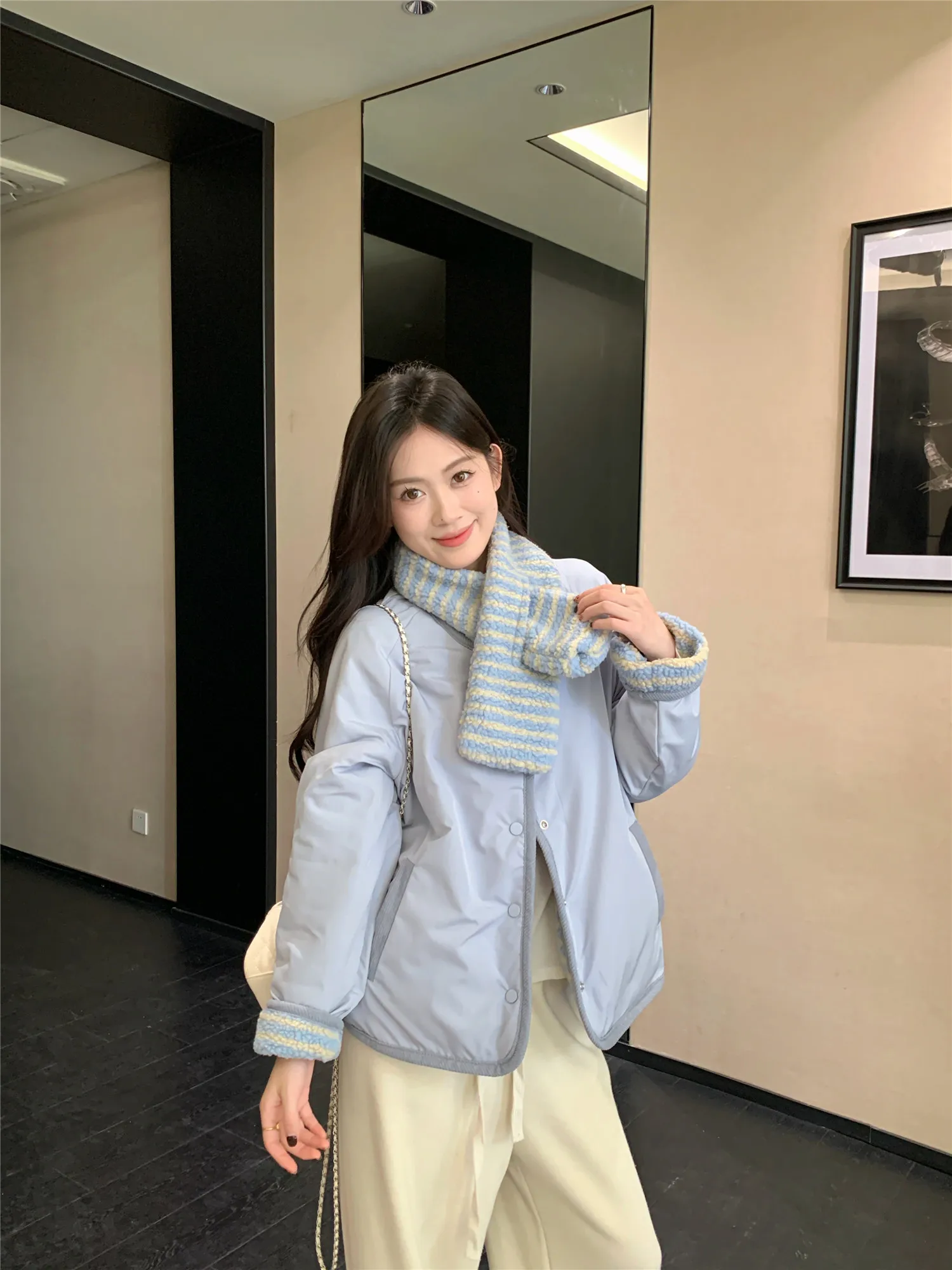 Korean Sweet Two Side Wear Padded Jacket Women Fleece Lined Thick Warm Parkas Woman Lazy Style Stripe Scarf Winter Jackets