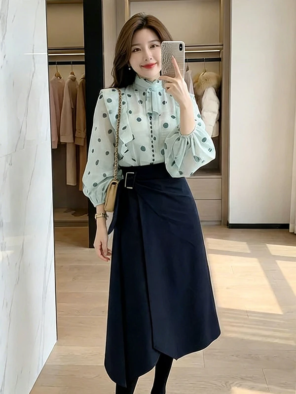 

Polka Dot Lantern Sve irt High Waist Slimming f Body Skirt Set Women's Faion Spring 2026 New Sle Clete Outfit