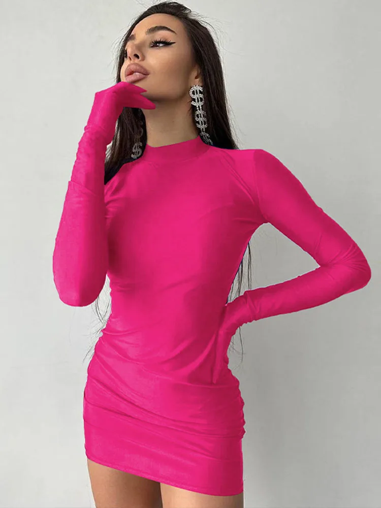 Solides Langarm-Minikleid mit Handschuhen, sexy Streetwear-Party-Outfit, halber Rollkragen, figurbetont, Y2K-Stil, Großhandel