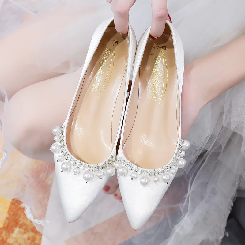 News Spring Women's Shoes Pointed Toe Pumps Dress High Heels bride shoes Silk Pearl Chain Women's Shoes Fashion Wedding Shoes