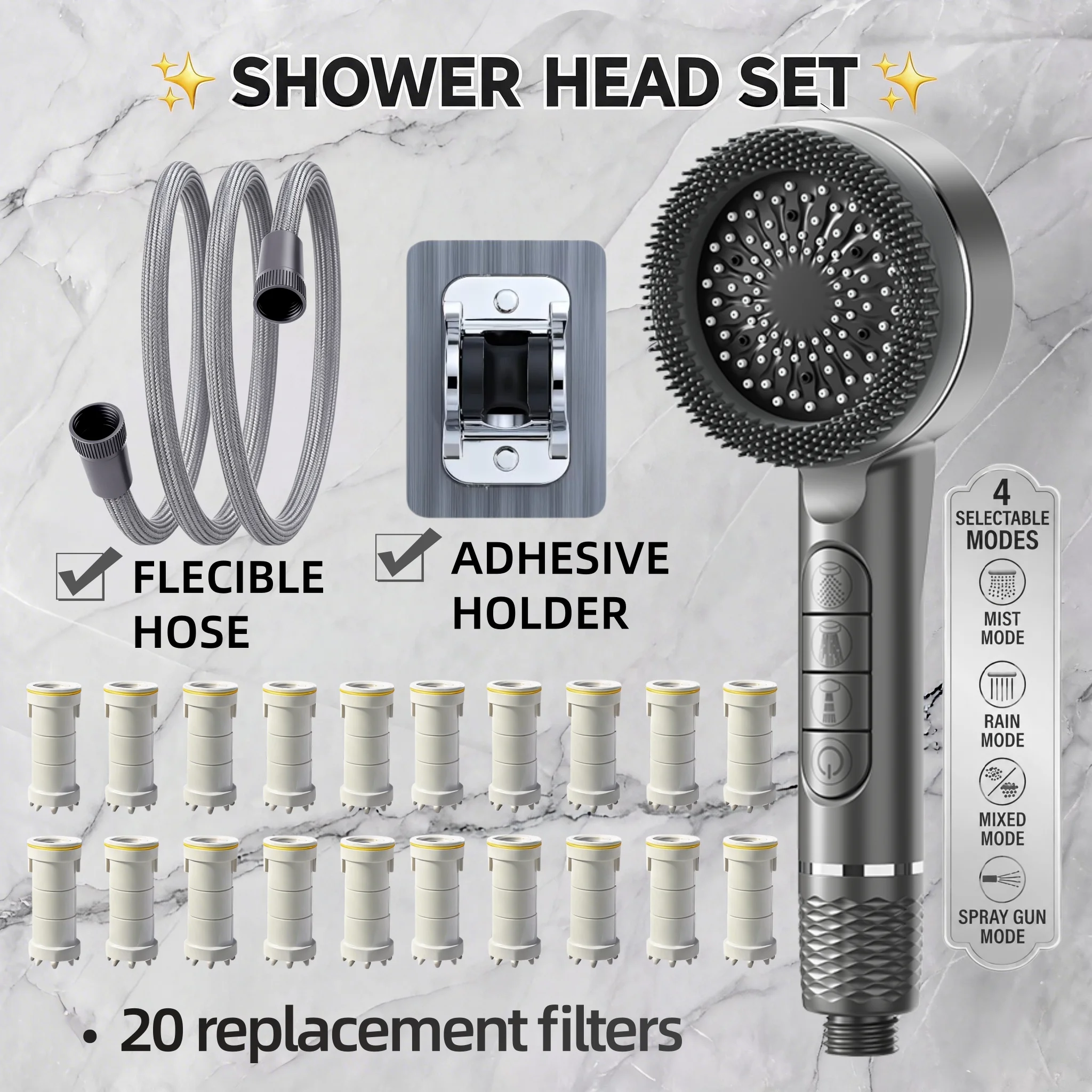 High Pressure Filter Shower Head 4 Spray Modes Massage Silicone Brush Water Stop Button Hose Wall Bracket 10/15/20 Filters