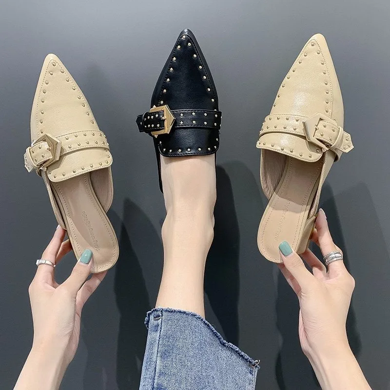Women's Slippers Summer New Pointed Mid-heel Riveted Head Half Drag Fashion Comfortable Increase Commuter Sandals
