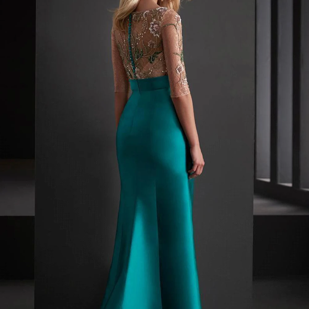 Elegant Women Illusion Evening Party Dresses 2023 Half Sleeves Jade Satin High Split Ruffles Wedding Prom Gowns Formal Vestidos