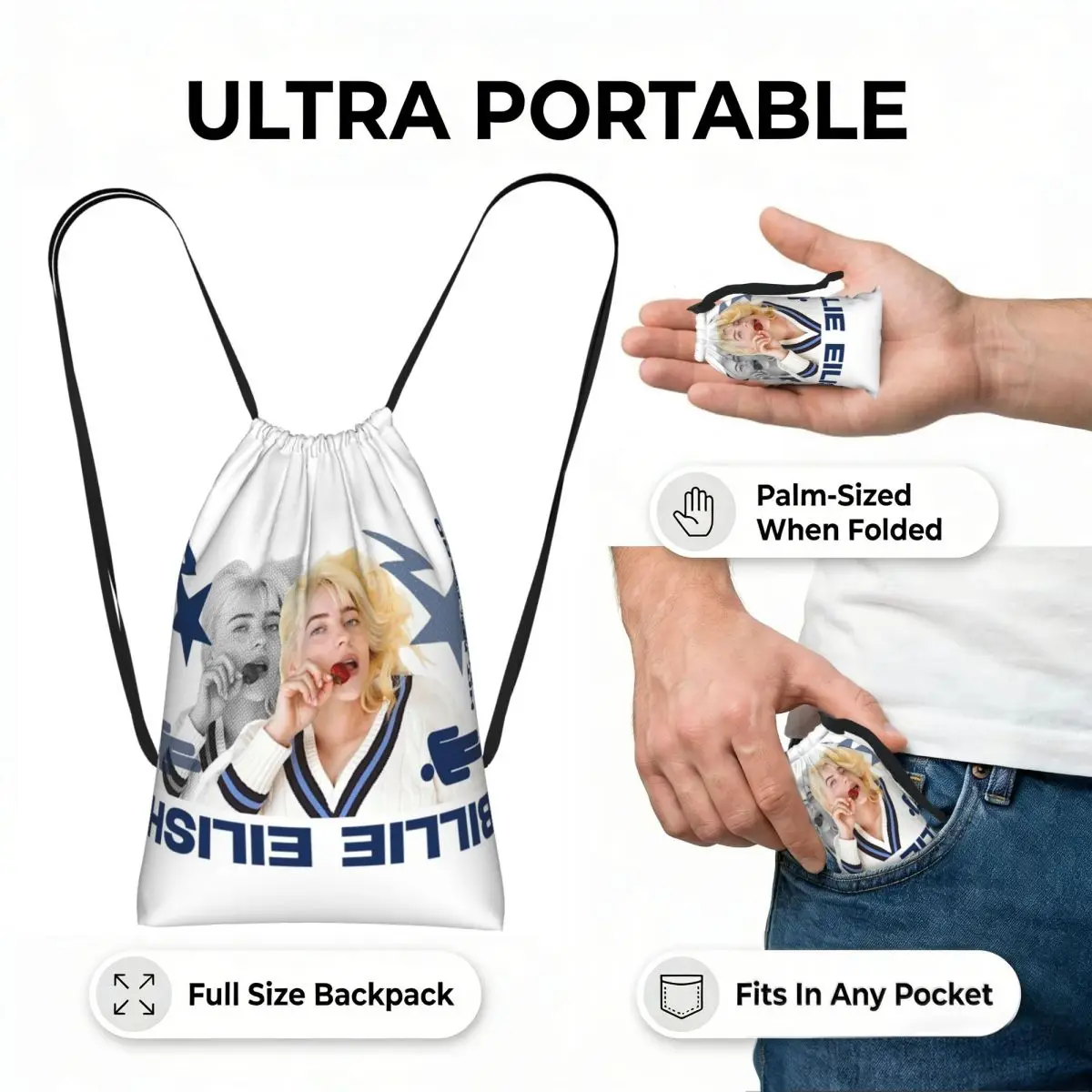Billie Eilish Drawstring Backpack hiking cycling Bag Portable Travel Drawstring Bag for Men Women