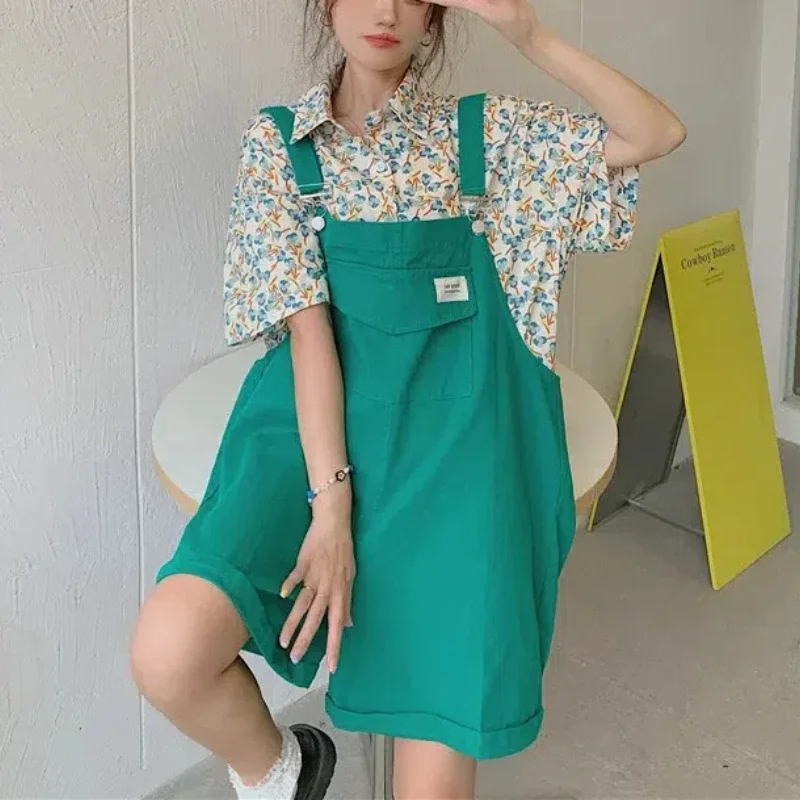 Summer Minimalist Casual Loose Streetwear Strap Short Pants Polo-Neck Short Sleeve Floral Shirt Stylish Women's Clothing Suit