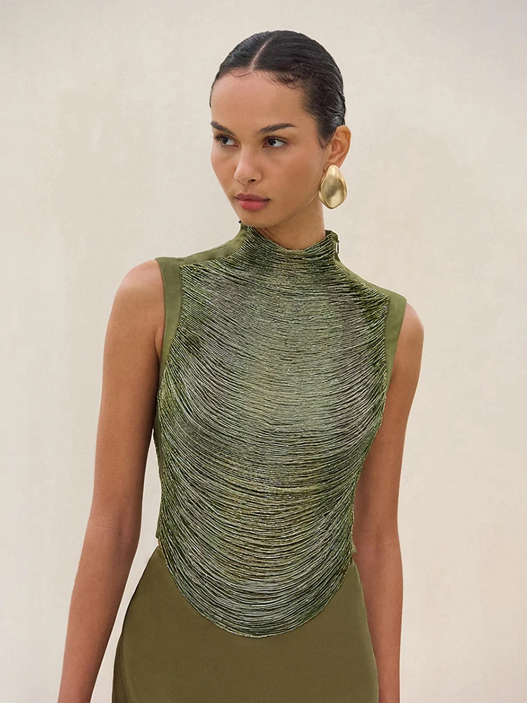 Women Green Long Skirt Two Piece Sets Sexy Sleeveless Lustrous Tassel Bandage Top + Slim Skirt Suits Evening Party Cocktail Sets