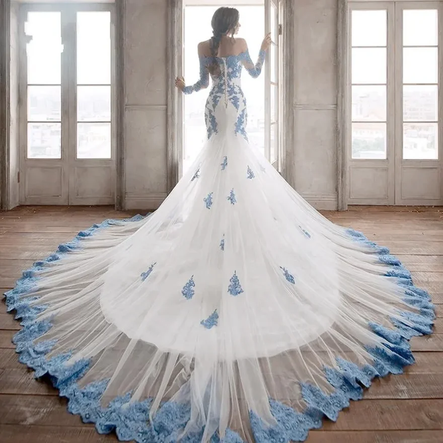 Amazing Light Blue Lace Trumpet Wedding With Long Sleeves Off Shoulder Chapel Train Lace-Up Bridal Dress Women Gowns Vestidos