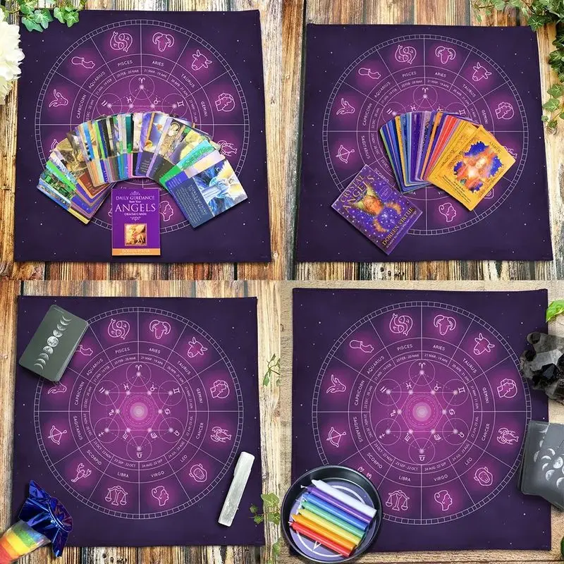 Tarot Altar Cloth Purple Zodiac Constellation Circle Divination Mat for Tarot Reading Wiccan Witch Spiritual Table Decor