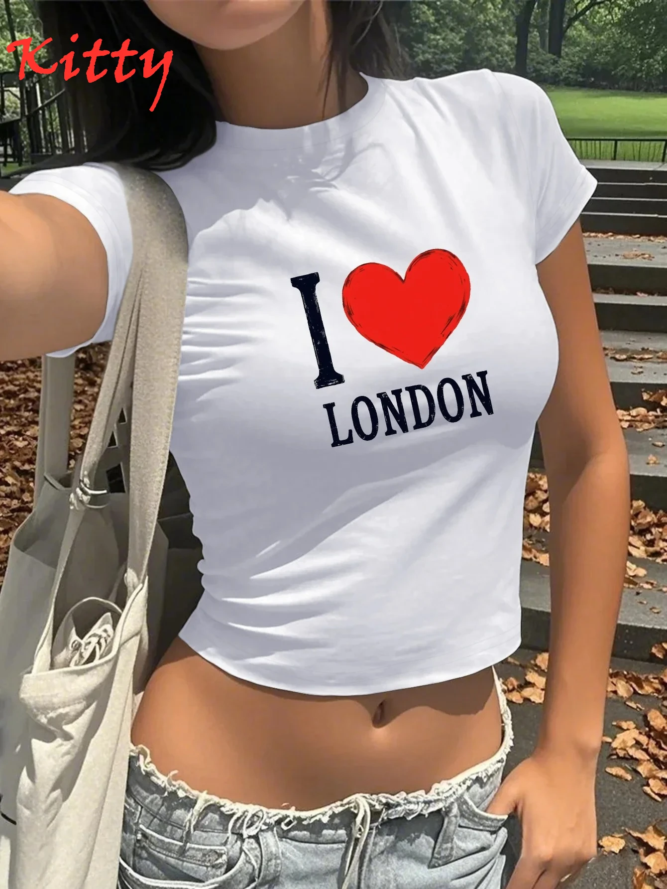 Cropped Women's T-Shirt I Love London Graphic Print Baby T-shirt with Red Heart Summer Short Sleeved Harajuku Streetwear Top Tee