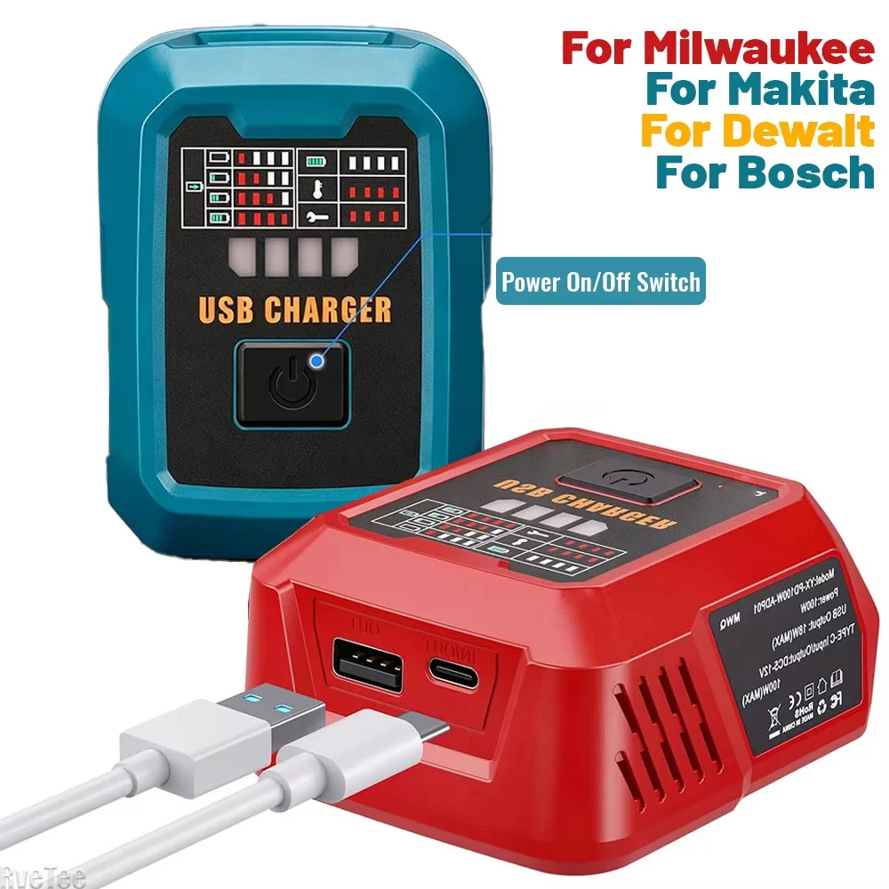 100W Battery Converter Hub, Dual USB‑A USB‑C Output, Compatible with 18V Milwaukee Makita Dewalt Bosch Tool Batteries 4