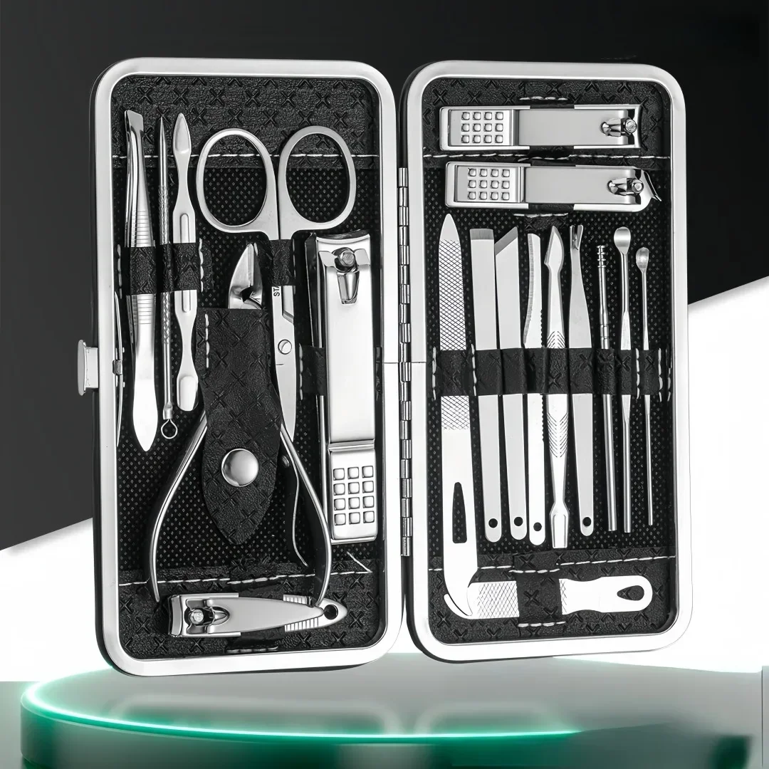 Conjunto de Manicure e Pedicure de 8/19/21 Peças em Aço Inoxidável, Kit Profissional com Cortador de Unhas, Lixa, Tesoura e Removedor de Cera com Estojo