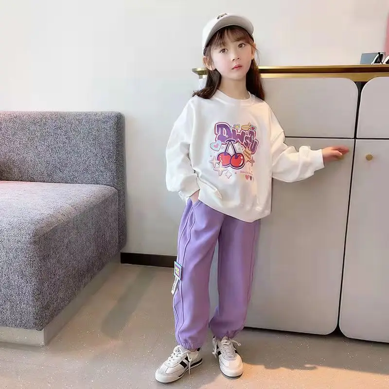 

Autumn Baby Girl clothes set Cotton Lovely White Sweatshirt+Lavender Sweatpant Set Child Tracksuit Kids Outfit Jogger Suits 2-11